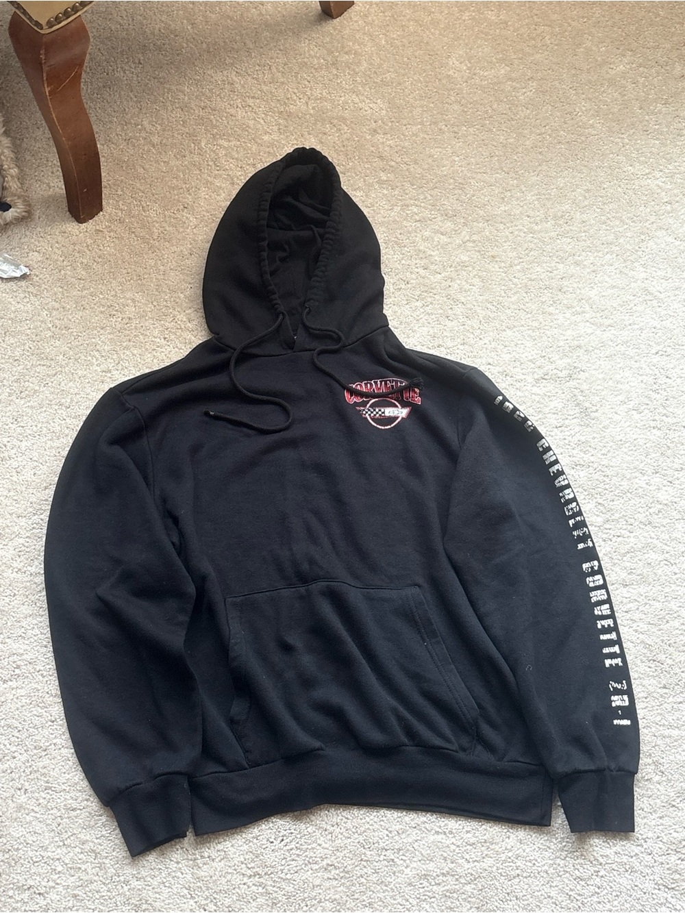Black Pullover Hoodie with Chest Logo and Sleeve Text - Men